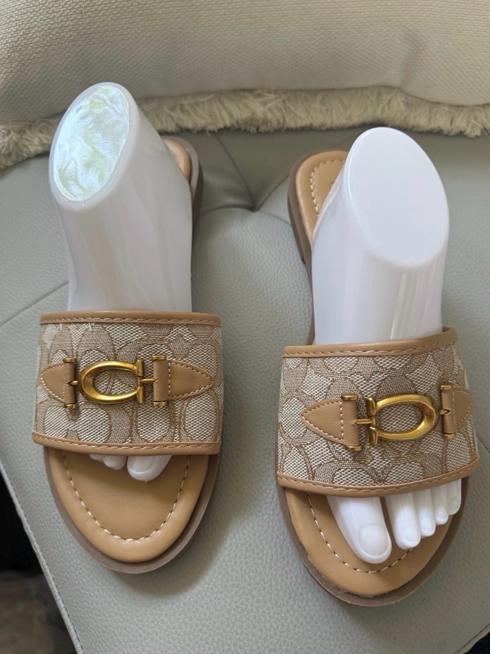 Coach Tan Signature Jacquard Slide Sandals with Gold Hardware - Picture 11 of 11